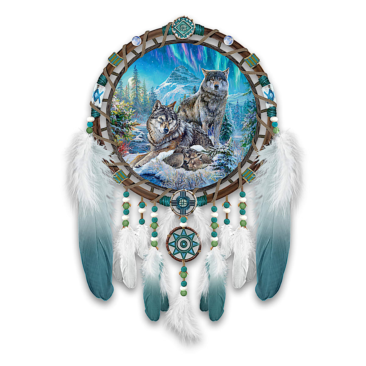 Illuminated Wolves Dreamcatcher Featuring Feathers, Beads, And