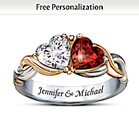 White Topaz & Garnet Two Hearts One Love Personalized Ring