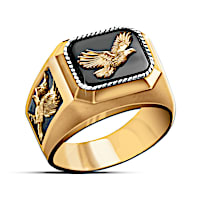 Black Onyx Ring With 3 Raised-Relief Sculpted Eagles