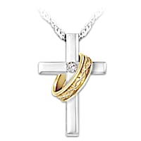 Cross And "Crown Of Thorns" Ring Diamond Pendant Necklace