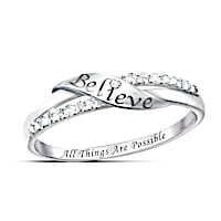 "Believe" Engraved Solid Silver Ring With 11 Diamonds