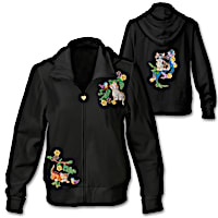 Cotton Blend Women's Hoodie With Cat Artwork And Rhinestones