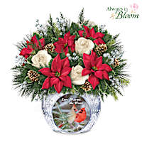 Faux Poinsettia & White Rose Bouquet With Cardinal Art Vase