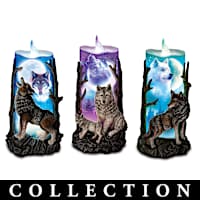 Illuminated Flameless LED Candles With Sculpted Wolf Art