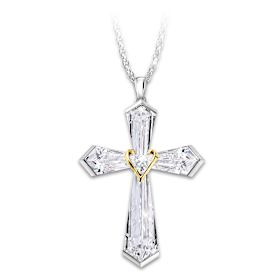 Diamond And Crystal Facets Of Faith Cross Pendant Necklace