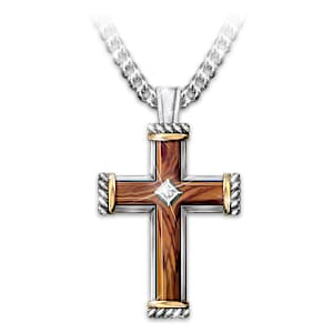 Olive Wood & Genuine Diamond Faith Pendant Necklace