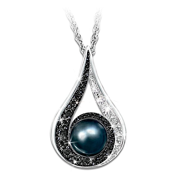Diamond And Cultured Black Pearl Pendant Necklace Luminous Reflections