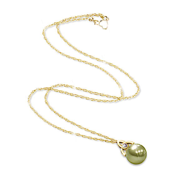 Pearl Of Wisdom Womens Irish Inspired Pendant Necklace Featuring A Green Mother Of Pearl With A Traditional Celtic Knot Set Adorned With 18K Gold Plating