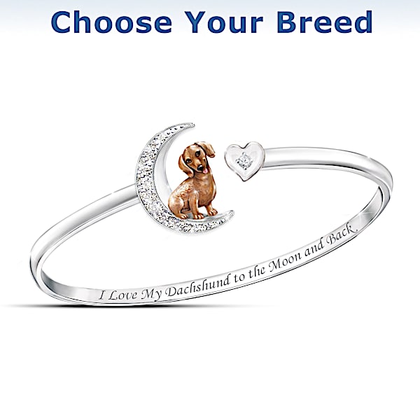 I Love My Dog To The Moon And Back Womens Sterling Silver Plated Bangle Style Bracelet Featuring A Sculpted Hand Enameled Dog With A Crescent Moon Design Adorned With Swarovski Crystals