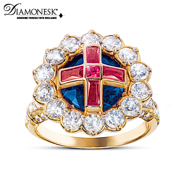 Royal Coronation Queen Elizabeth II Inspired 18K Gold Plated Ring Featuring A Crown Shaped Design Adorned With Over 9 Carats Of Simulated Gemstones