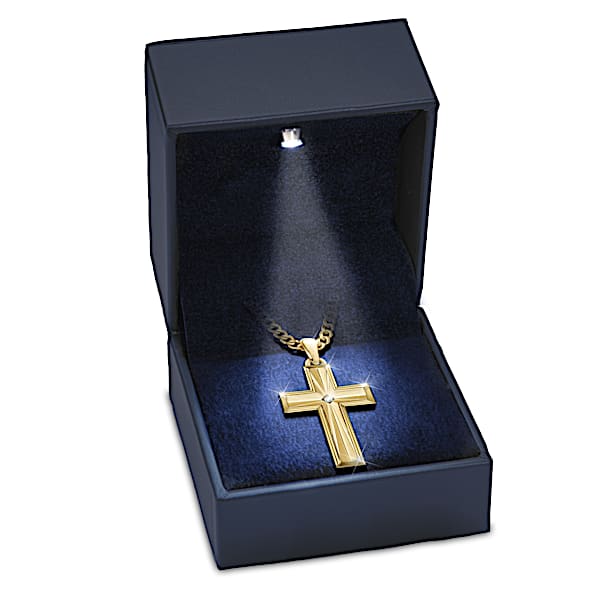 Mens Religious Cross Necklace With Genuine White Sapphire 24K Gold Ion Plating And Custom LED Illuminated Display Box