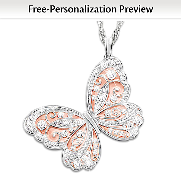 Spread Your Wings Fly Personalized Granddaughter 18K Rose Gold Plated Locket Pendant Necklace Featuring Butterfly Design Adorned With 40 Swarovski Crystals