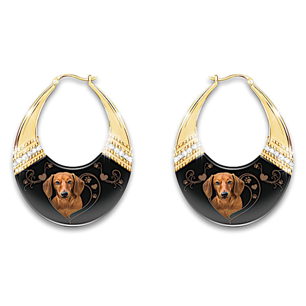 Gold Toned Hoop Earrings Featuring Dachshund Artwork And Adorned With 12 Crystal Accents