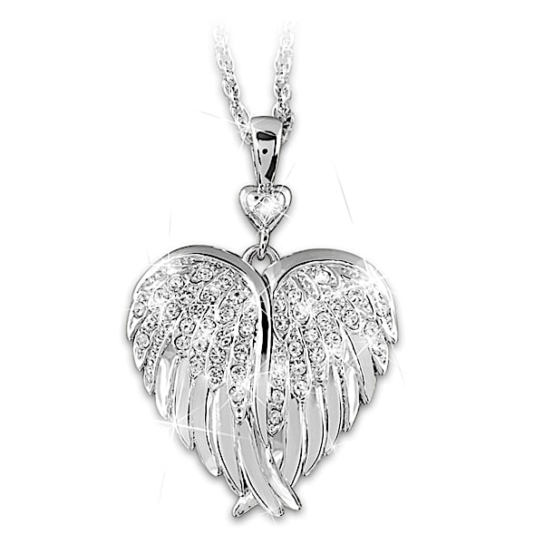 Guardian Angel Embrace Womens Sterling Silver Plated Pendant Necklace Featuring A Heart Shaped Design With Crystals A Diamond Accent