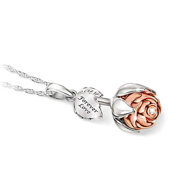 Rose pendant with opening petals. Blooming Rose of Love Diamond Pendant Necklace is an anniversary or Valentines Day gift