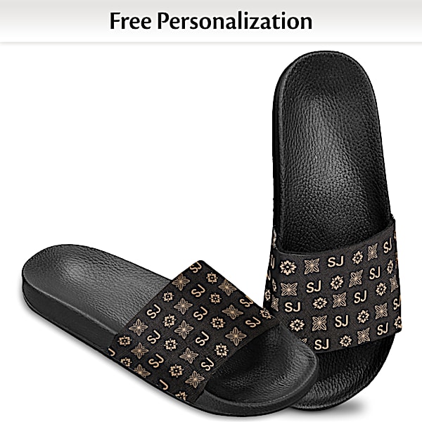 Just My Style Womens Black Slide Sandals Featuring 2 Personalized Monogrammed Initials Of Your Choice Incorporated Within An All Over Print Pattern