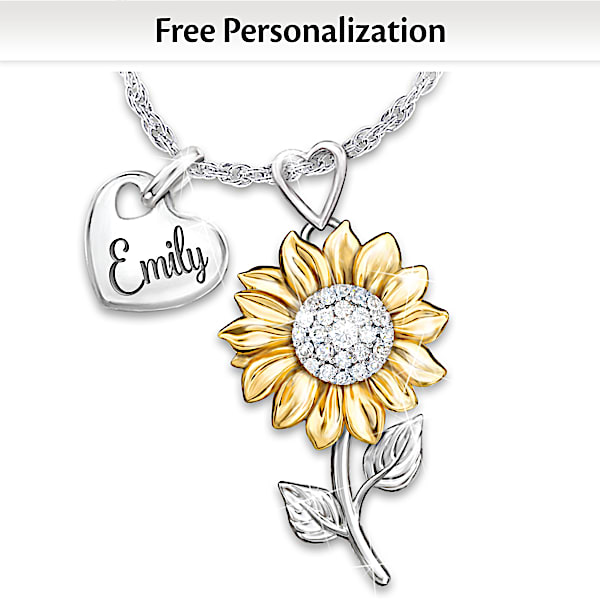 Sunflower Pendant With 18K Gold Plated Accents And Engraved Charm With Your Granddaughters Name