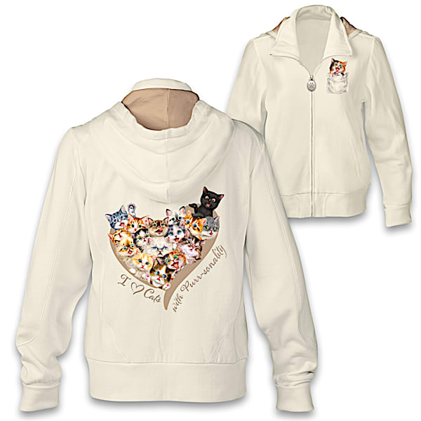 Ivory Cat-Themed Hoodie Featuring A Paw Print Zipper Pull And