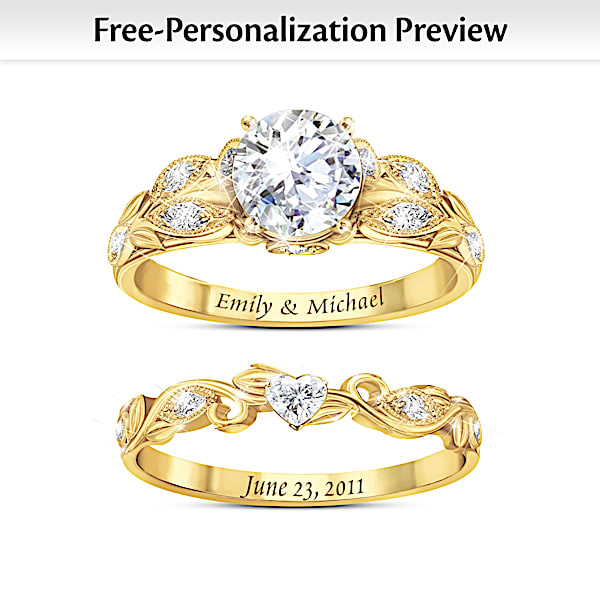 Womens Personalized 18K Gold-Plated Floral Wedding Ring Set