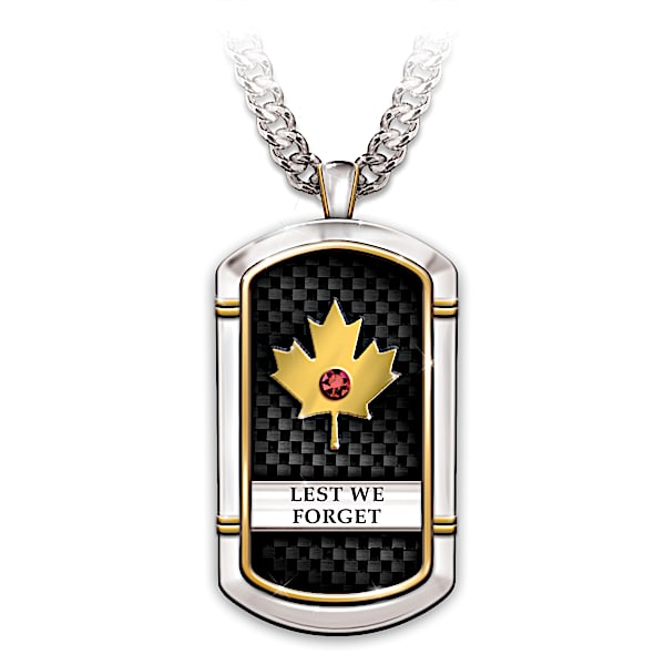 Mens Stainless Steel Military Veteran Pendant Adorned With A Red Crystal Black Carbon Fibre Inlay